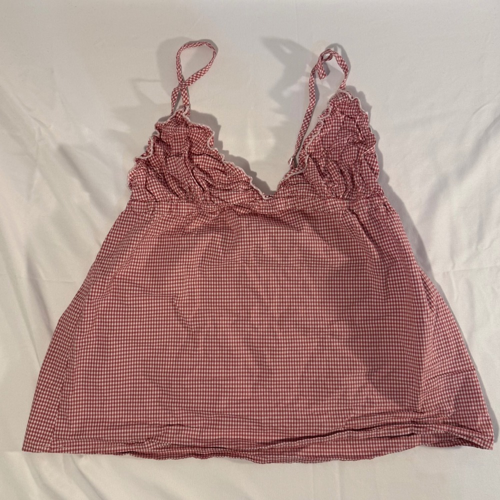 John Galt Red Gingham Ruffle Babydoll Camisole Tank Top One Size